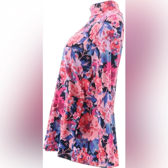 Isaac Mizrahi Live Peony Bouquet Print Mock Neck Peplum Top - Picture 9 of 11